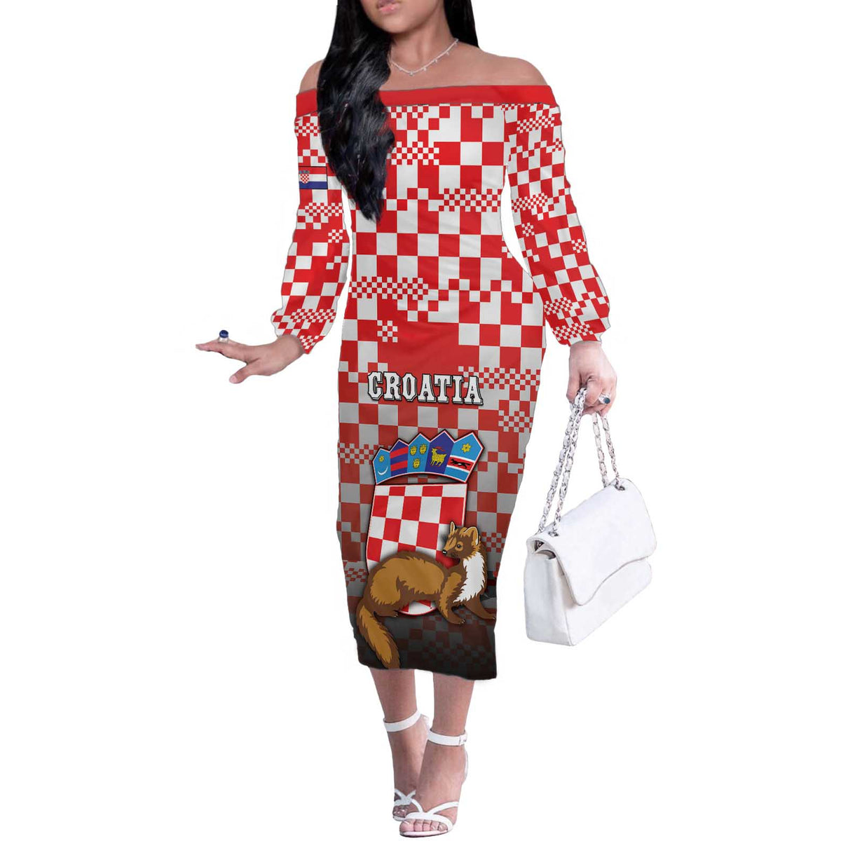 Personalized Croatia Off The Shoulder Long Sleeve Dress Kuna Zlatica With Symbol - Wonder Print Shop
