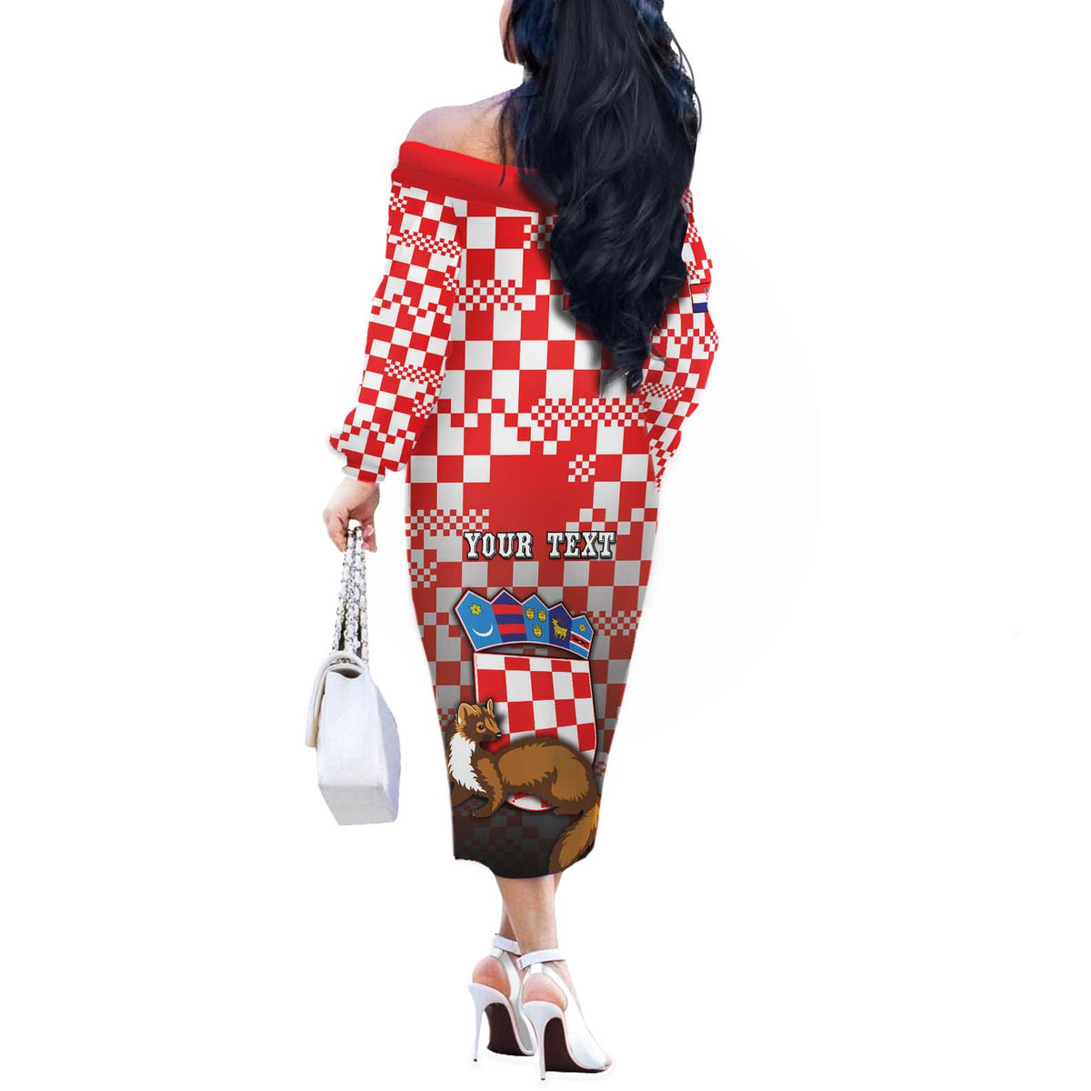 Personalized Croatia Off The Shoulder Long Sleeve Dress Kuna Zlatica With Symbol - Wonder Print Shop