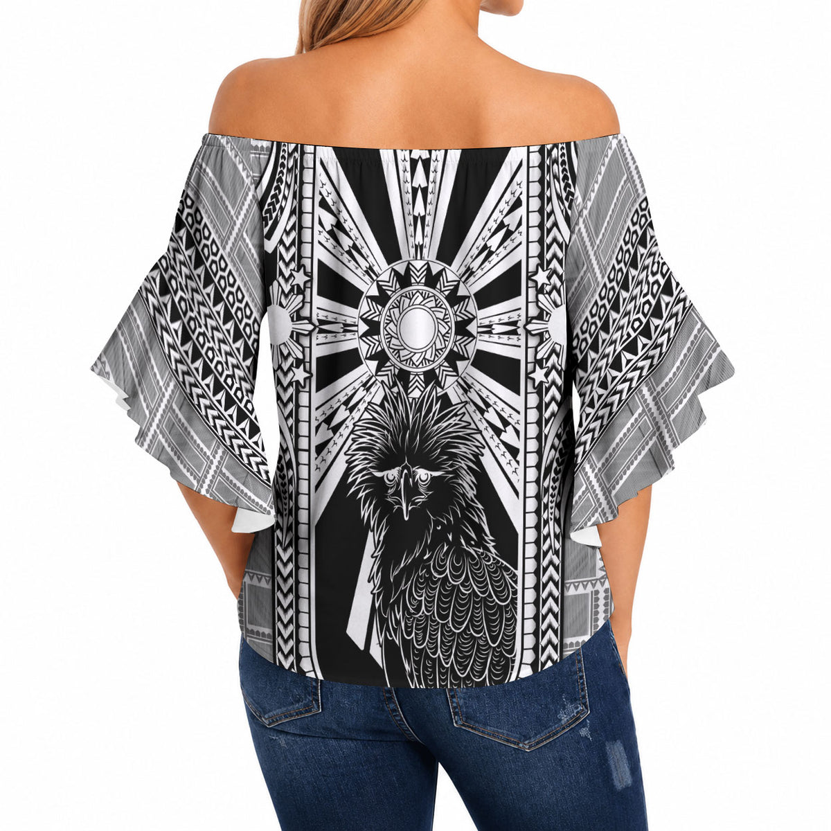 Mabuhay Philippines Festival Off Shoulder Wrap Waist Top Philippine Eagle Sun Three Stars Barong Pattern