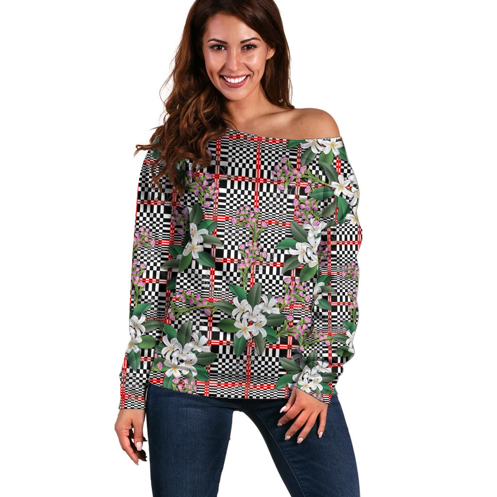 Red Binakol Motifs With Jasminum Sambac Off Shoulder Sweater Mabuhay Philippines Festival