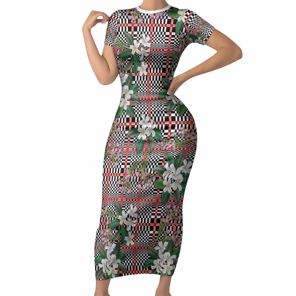 Red Binakol Motifs With Jasminum Sambac Short Sleeve Bodycon Dress Mabuhay Philippines Festival