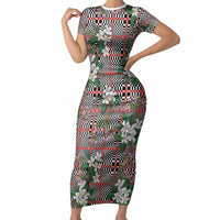 Red Binakol Motifs With Jasminum Sambac Short Sleeve Bodycon Dress Mabuhay Philippines Festival