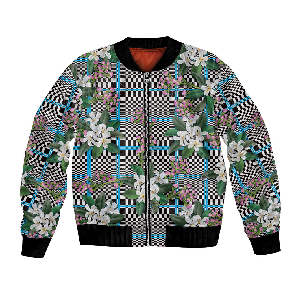 Blue Binakol Motifs With Jasminum Sambac Bomber Jacket Mabuhay Philippines Festival