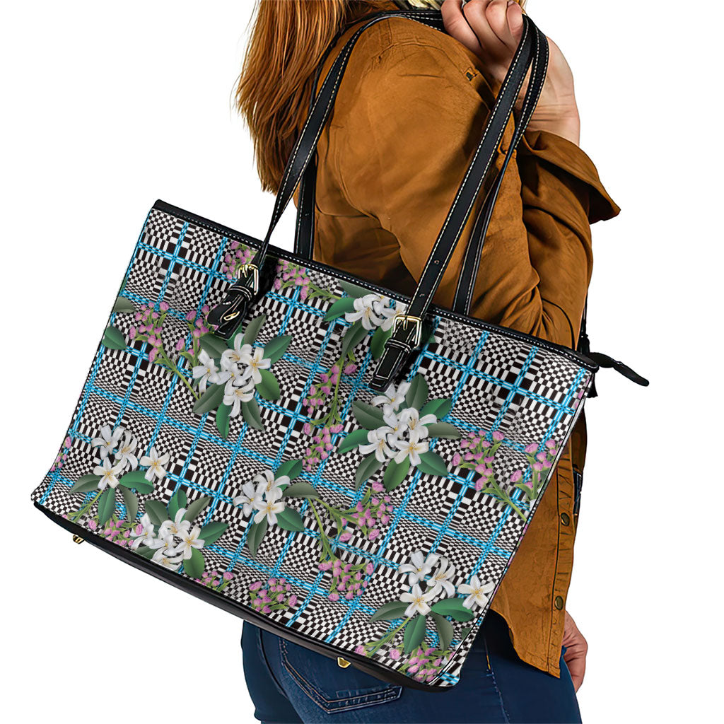 Blue Binakol Motifs With Jasminum Sambac Leather Tote Bag Mabuhay Philippines Festival