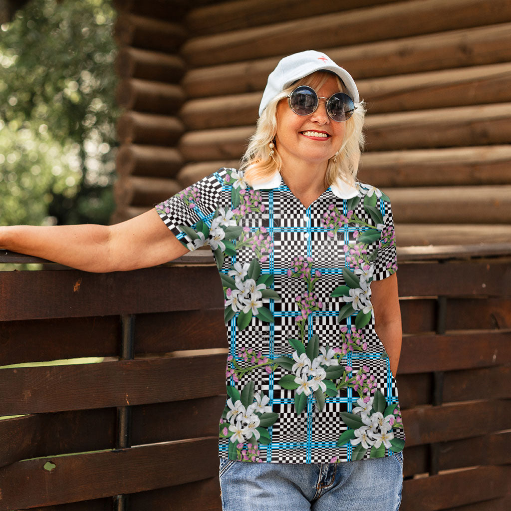 Blue Binakol Motifs With Jasminum Sambac Women Polo Shirt Mabuhay Philippines Festival