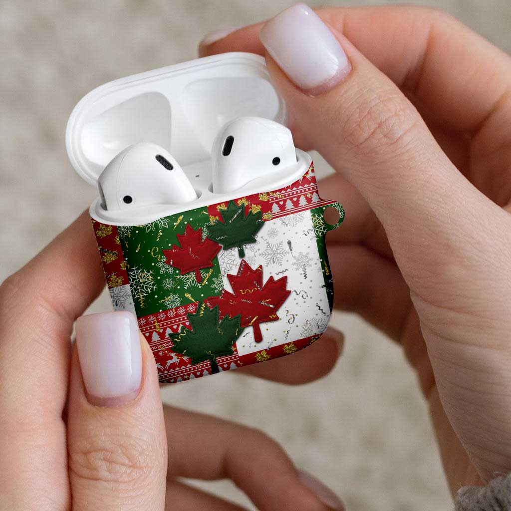 Canada Christmas AirPods Case Maple Leaves Patchwork Style - Wonder Print Shop