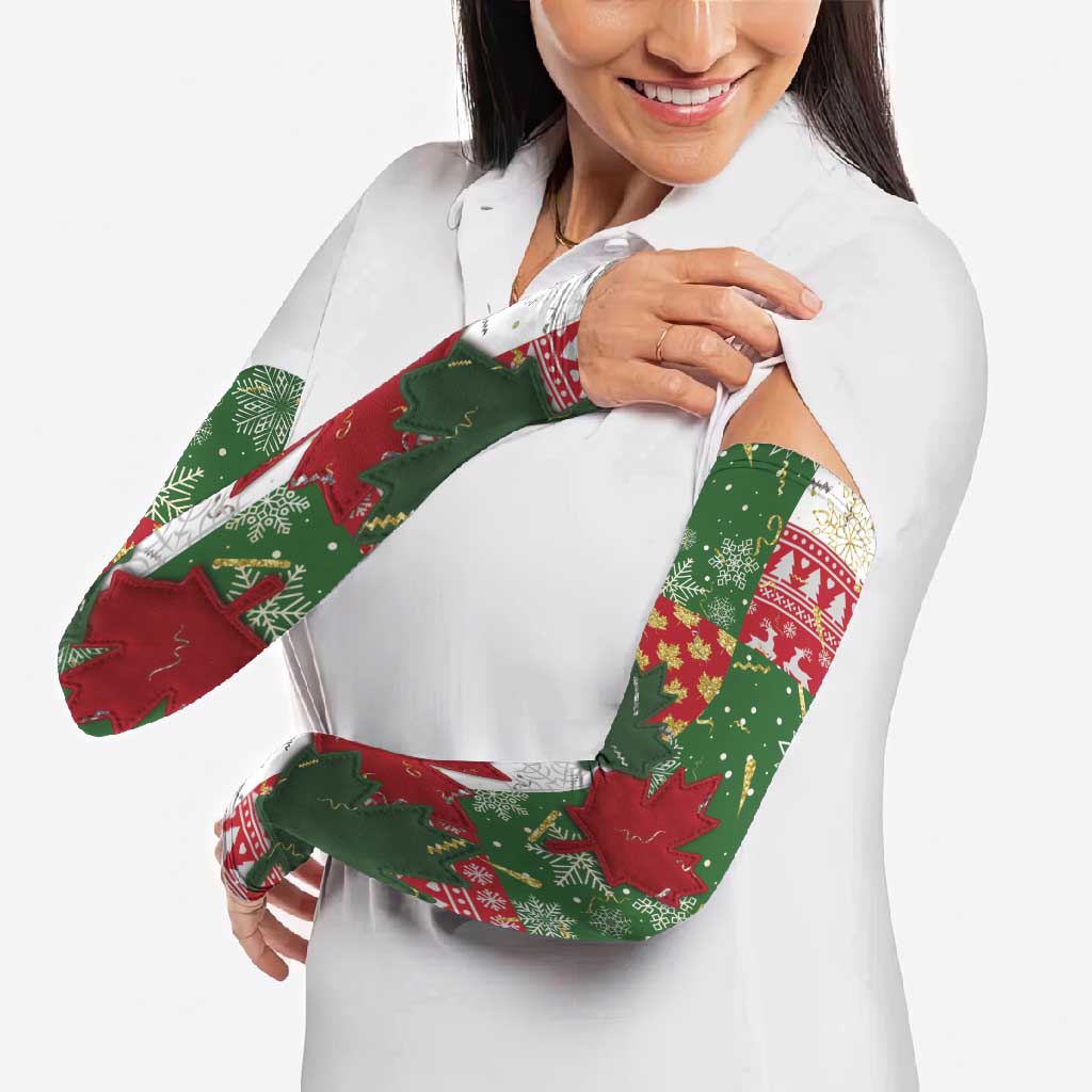 Canada Christmas Arm Sleeves Maple Leaves Patchwork Style - Wonder Print Shop