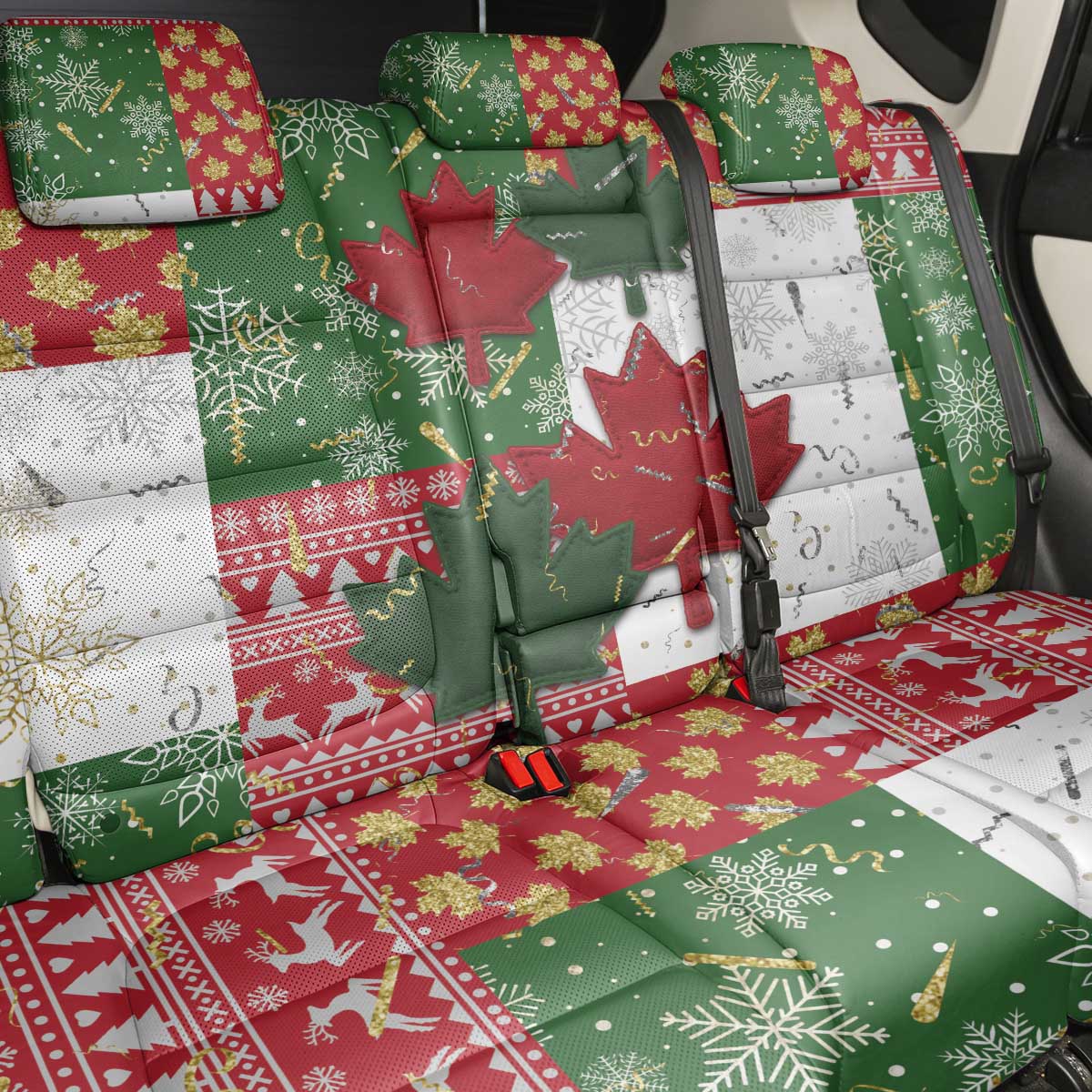 Canada Christmas Back Car Seat Cover Maple Leaves Patchwork Style - Wonder Print Shop