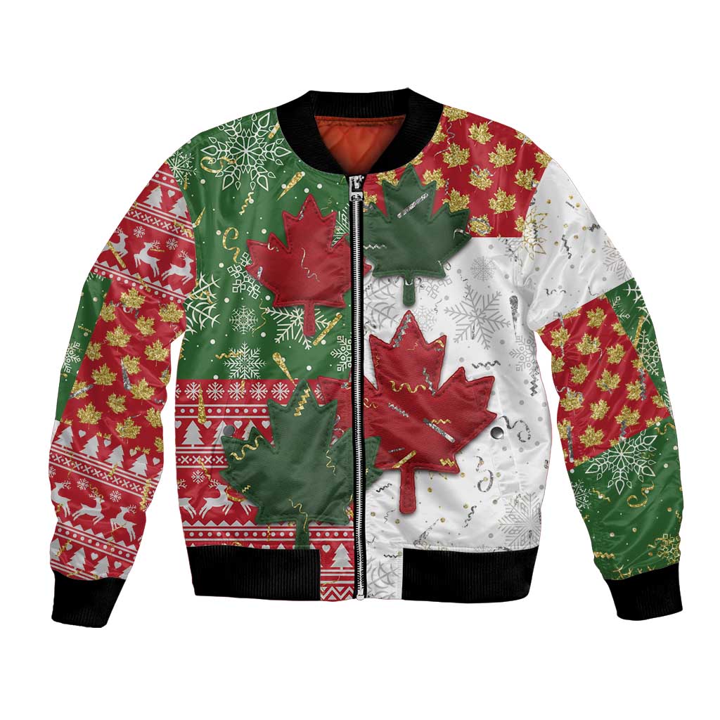 Canada Christmas Bomber Jacket Maple Leaves Patchwork Style - Wonder Print Shop