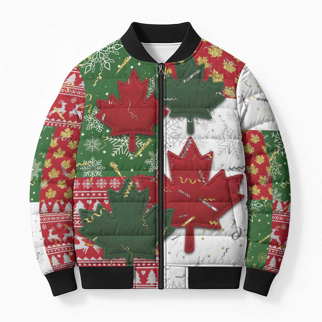 Canada Christmas Bomber Puffer Jacket Maple Leaves Patchwork Style - Wonder Print Shop