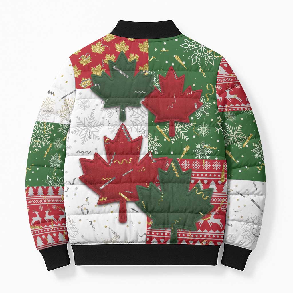 Canada Christmas Bomber Puffer Jacket Maple Leaves Patchwork Style - Wonder Print Shop