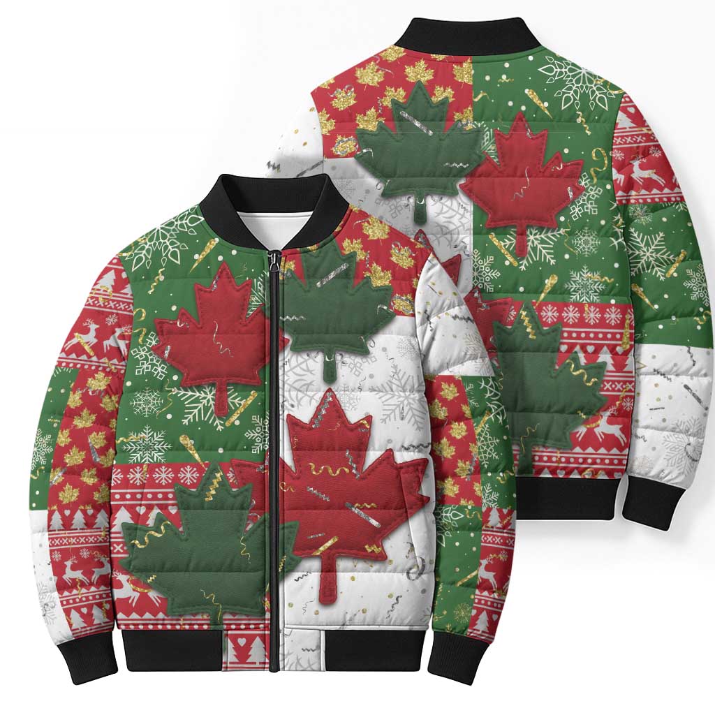Canada Christmas Bomber Puffer Jacket Maple Leaves Patchwork Style - Wonder Print Shop