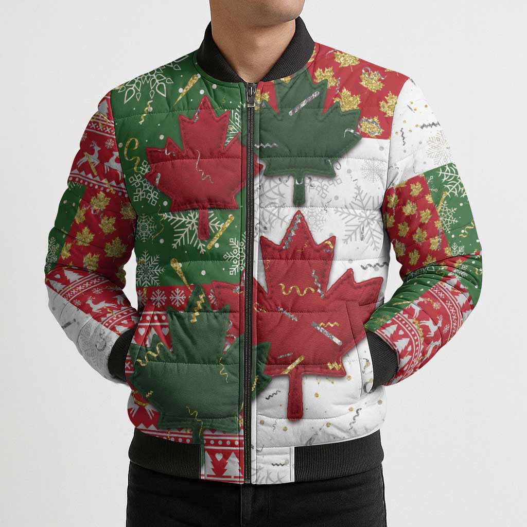 Canada Christmas Bomber Puffer Jacket Maple Leaves Patchwork Style - Wonder Print Shop