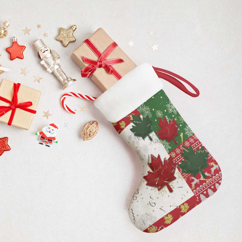 Canada Christmas Stocking Maple Leaves Patchwork Style - Wonder Print Shop