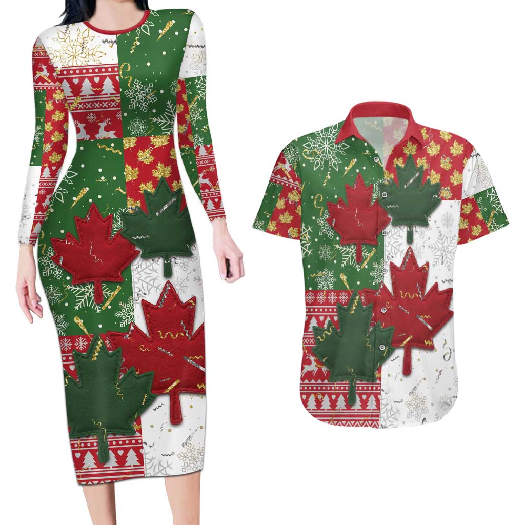 Canada Christmas Couples Matching Long Sleeve Bodycon Dress and Hawaiian Shirt Maple Leaves Patchwork Style - Wonder Print Shop