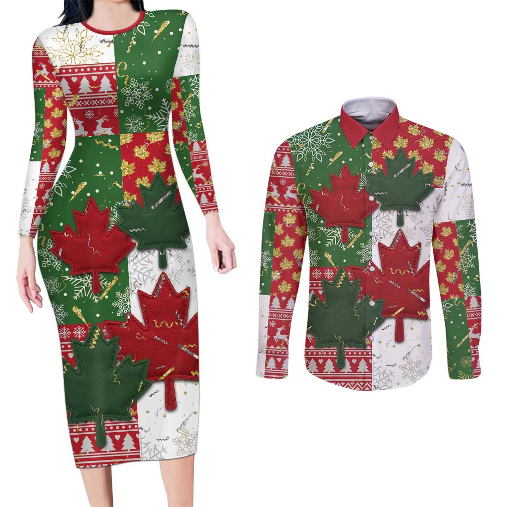 Canada Christmas Couples Matching Long Sleeve Bodycon Dress and Long Sleeve Button Shirt Maple Leaves Patchwork Style - Wonder Print Shop
