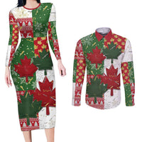 Canada Christmas Couples Matching Long Sleeve Bodycon Dress and Long Sleeve Button Shirt Maple Leaves Patchwork Style - Wonder Print Shop