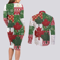 Canada Christmas Couples Matching Long Sleeve Bodycon Dress and Long Sleeve Button Shirt Maple Leaves Patchwork Style - Wonder Print Shop