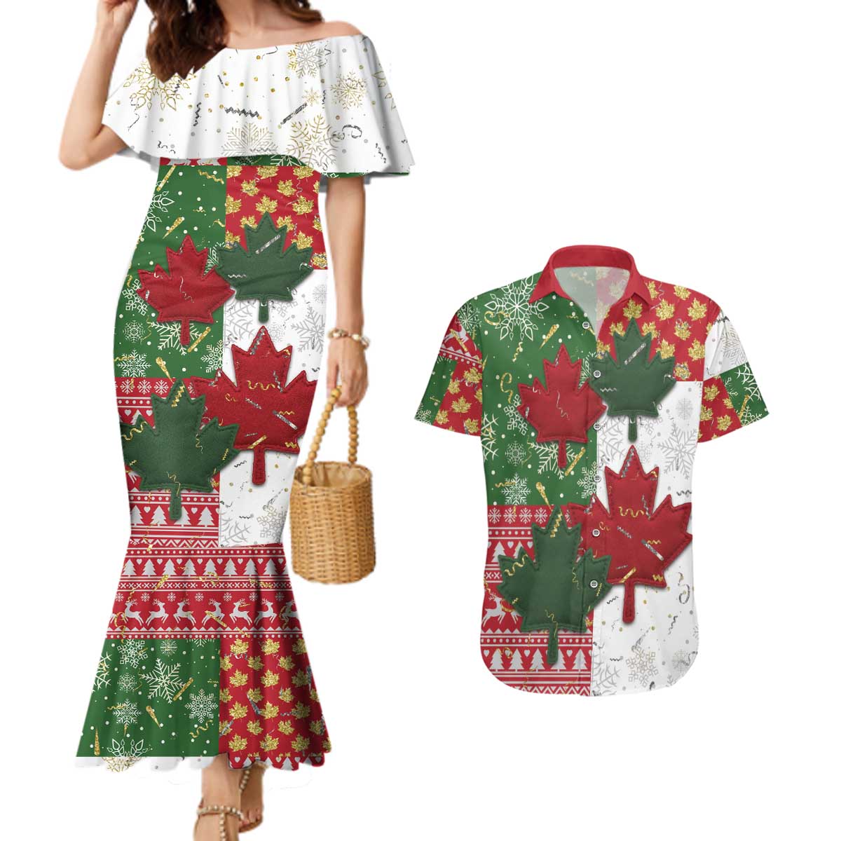 Canada Christmas Couples Matching Mermaid Dress and Hawaiian Shirt Maple Leaves Patchwork Style - Wonder Print Shop