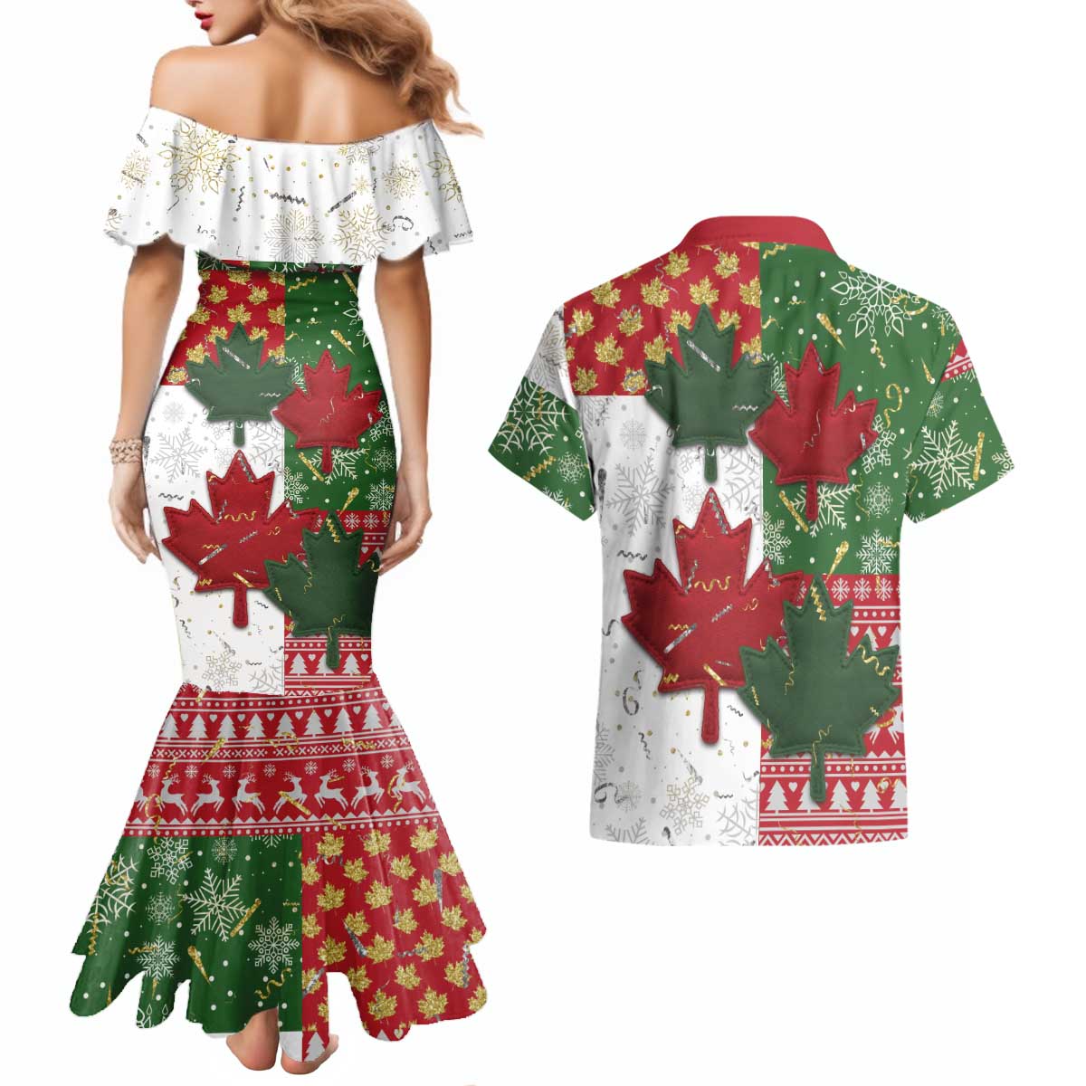 Canada Christmas Couples Matching Mermaid Dress and Hawaiian Shirt Maple Leaves Patchwork Style - Wonder Print Shop