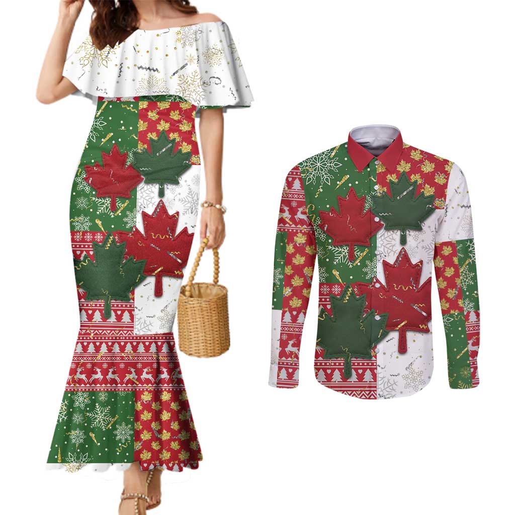 Canada Christmas Couples Matching Mermaid Dress and Long Sleeve Button Shirt Maple Leaves Patchwork Style - Wonder Print Shop