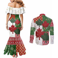 Canada Christmas Couples Matching Mermaid Dress and Long Sleeve Button Shirt Maple Leaves Patchwork Style - Wonder Print Shop