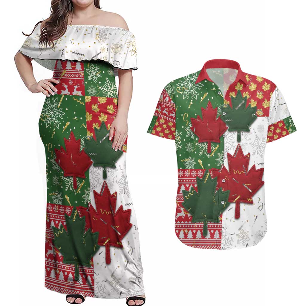 Canada Christmas Couples Matching Off Shoulder Maxi Dress and Hawaiian Shirt Maple Leaves Patchwork Style - Wonder Print Shop