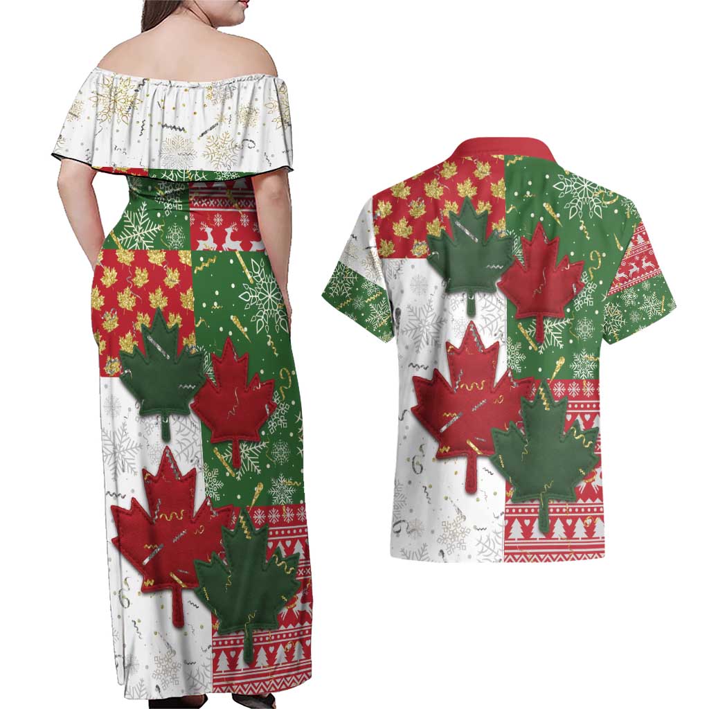 Canada Christmas Couples Matching Off Shoulder Maxi Dress and Hawaiian Shirt Maple Leaves Patchwork Style - Wonder Print Shop