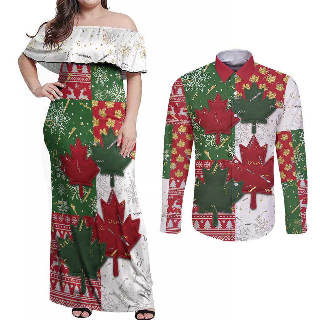 Canada Christmas Couples Matching Off Shoulder Maxi Dress and Long Sleeve Button Shirt Maple Leaves Patchwork Style - Wonder Print Shop