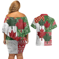 Canada Christmas Couples Matching Off Shoulder Short Dress and Hawaiian Shirt Maple Leaves Patchwork Style - Wonder Print Shop