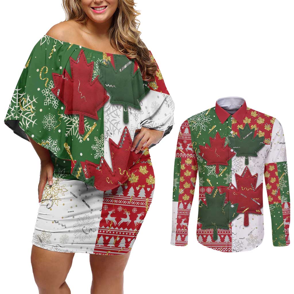Canada Christmas Couples Matching Off Shoulder Short Dress and Long Sleeve Button Shirt Maple Leaves Patchwork Style - Wonder Print Shop