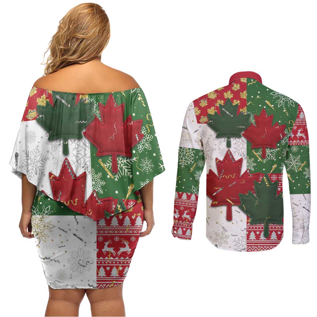 Canada Christmas Couples Matching Off Shoulder Short Dress and Long Sleeve Button Shirt Maple Leaves Patchwork Style - Wonder Print Shop