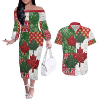 Canada Christmas Couples Matching Off The Shoulder Long Sleeve Dress and Hawaiian Shirt Maple Leaves Patchwork Style - Wonder Print Shop