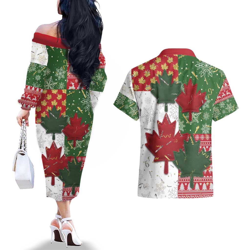 Canada Christmas Couples Matching Off The Shoulder Long Sleeve Dress and Hawaiian Shirt Maple Leaves Patchwork Style - Wonder Print Shop