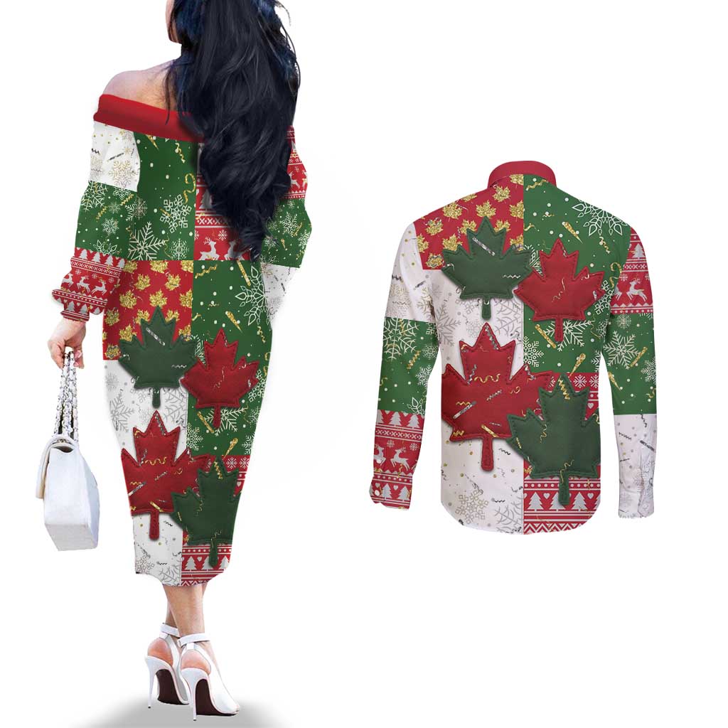 Canada Christmas Couples Matching Off The Shoulder Long Sleeve Dress and Long Sleeve Button Shirt Maple Leaves Patchwork Style - Wonder Print Shop