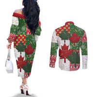 Canada Christmas Couples Matching Off The Shoulder Long Sleeve Dress and Long Sleeve Button Shirt Maple Leaves Patchwork Style - Wonder Print Shop