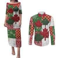 Canada Christmas Couples Matching Puletasi and Long Sleeve Button Shirt Maple Leaves Patchwork Style - Wonder Print Shop