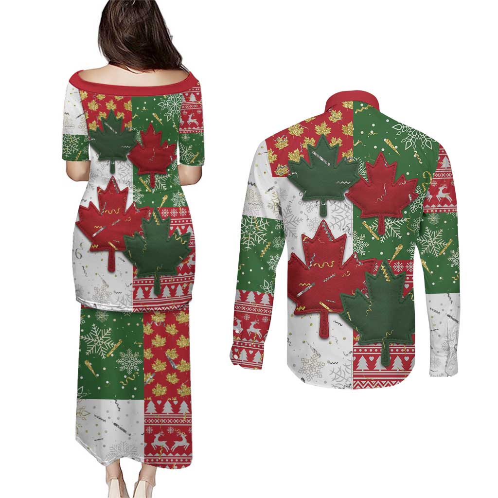 Canada Christmas Couples Matching Puletasi and Long Sleeve Button Shirt Maple Leaves Patchwork Style - Wonder Print Shop