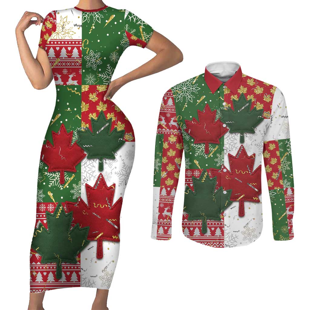 Canada Christmas Couples Matching Short Sleeve Bodycon Dress and Long Sleeve Button Shirt Maple Leaves Patchwork Style - Wonder Print Shop