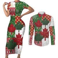 Canada Christmas Couples Matching Short Sleeve Bodycon Dress and Long Sleeve Button Shirt Maple Leaves Patchwork Style - Wonder Print Shop