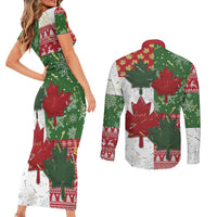 Canada Christmas Couples Matching Short Sleeve Bodycon Dress and Long Sleeve Button Shirt Maple Leaves Patchwork Style - Wonder Print Shop