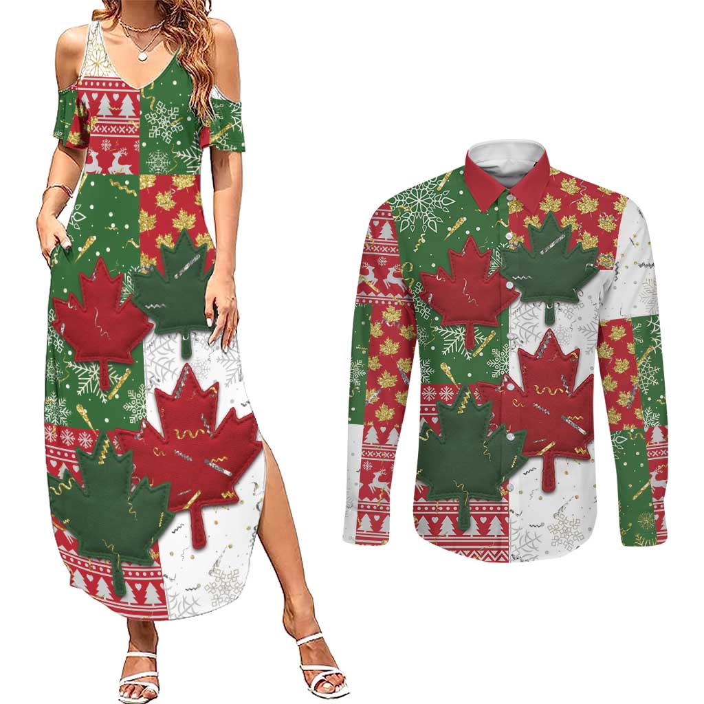 Canada Christmas Couples Matching Summer Maxi Dress and Long Sleeve Button Shirt Maple Leaves Patchwork Style - Wonder Print Shop