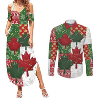 Canada Christmas Couples Matching Summer Maxi Dress and Long Sleeve Button Shirt Maple Leaves Patchwork Style - Wonder Print Shop