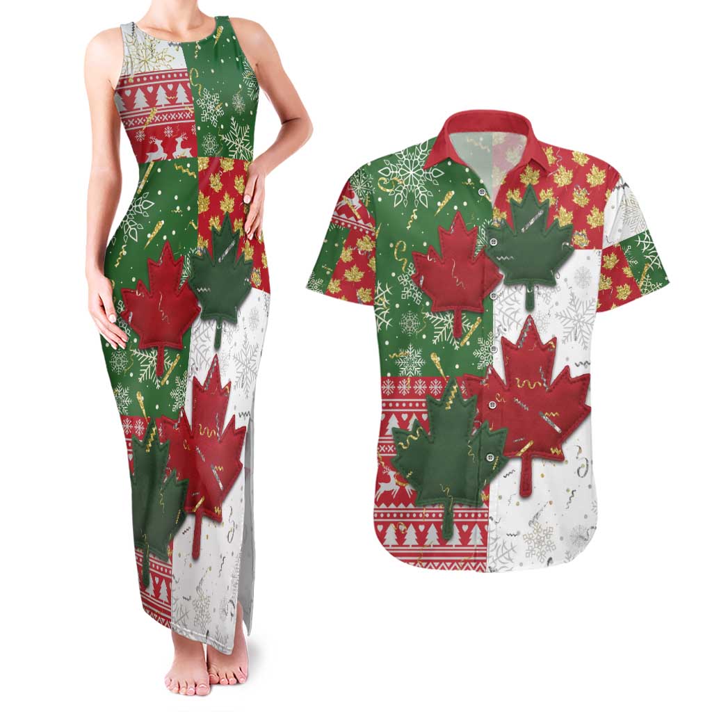 Canada Christmas Couples Matching Tank Maxi Dress and Hawaiian Shirt Maple Leaves Patchwork Style - Wonder Print Shop