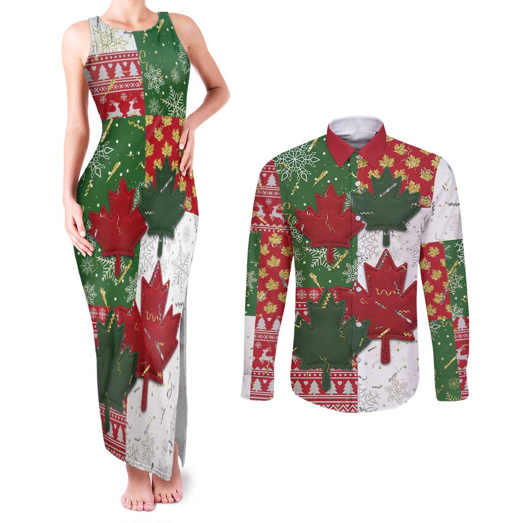 Canada Christmas Couples Matching Tank Maxi Dress and Long Sleeve Button Shirt Maple Leaves Patchwork Style - Wonder Print Shop
