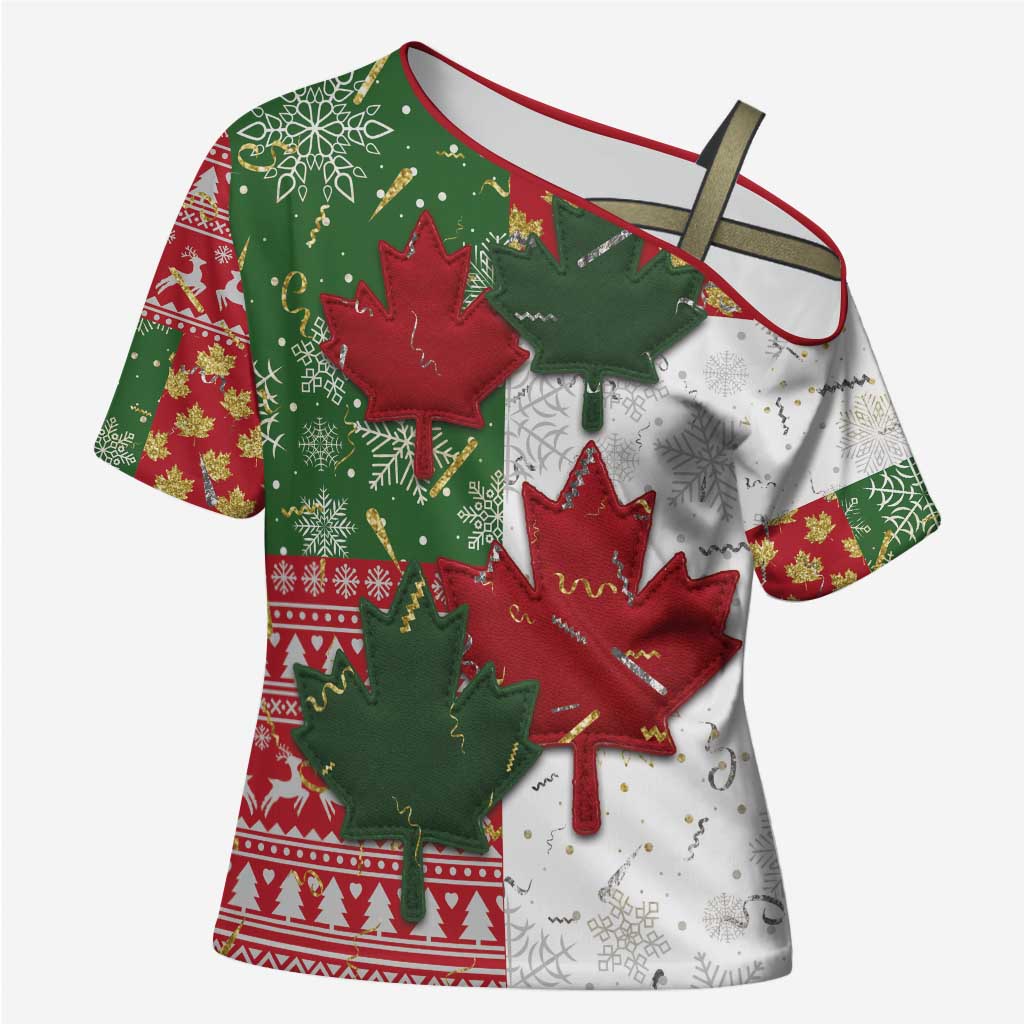 Canada Christmas Cross Shoulder Shirt Maple Leaves Patchwork Style - Wonder Print Shop