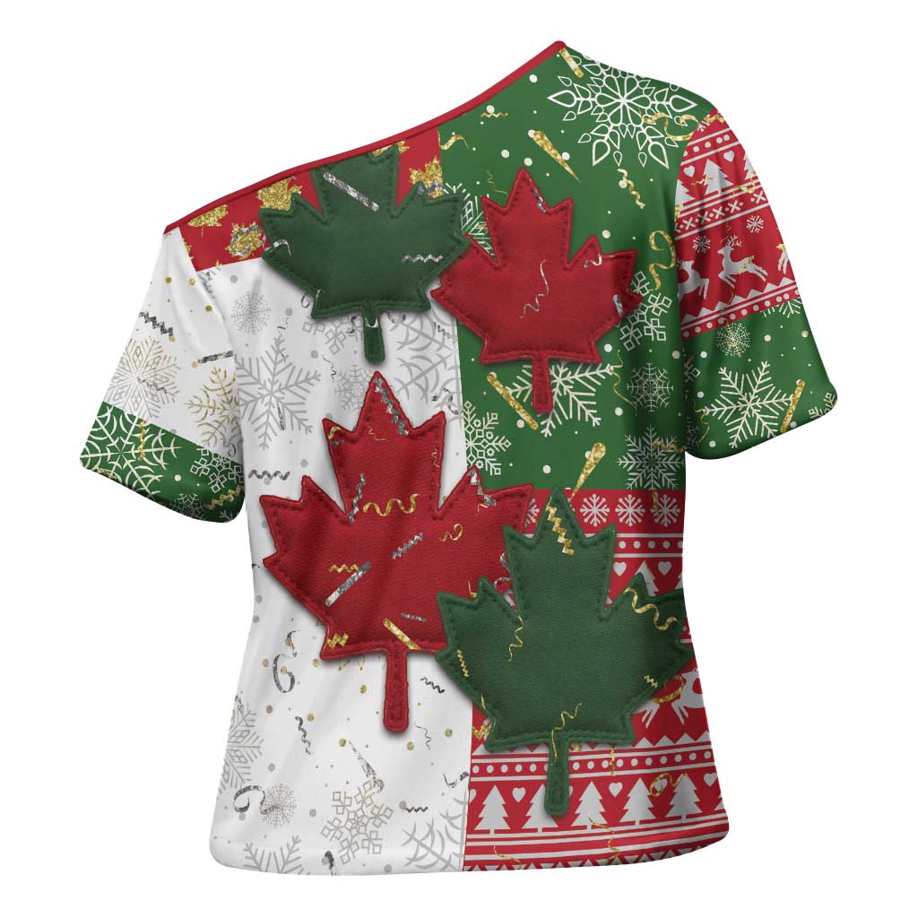 Canada Christmas Cross Shoulder Shirt Maple Leaves Patchwork Style - Wonder Print Shop