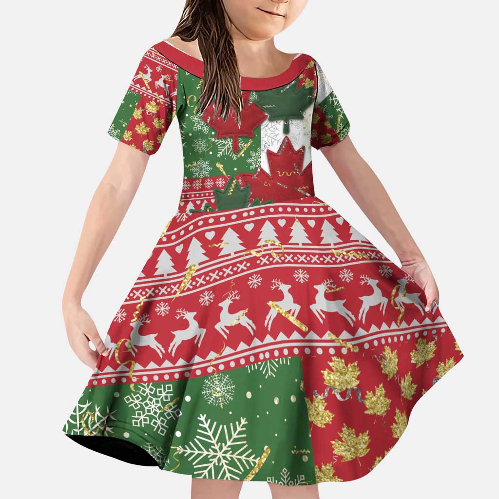 Canada Christmas Family Matching Long Sleeve Bodycon Dress and Hawaiian Shirt Maple Leaves Patchwork Style - Wonder Print Shop