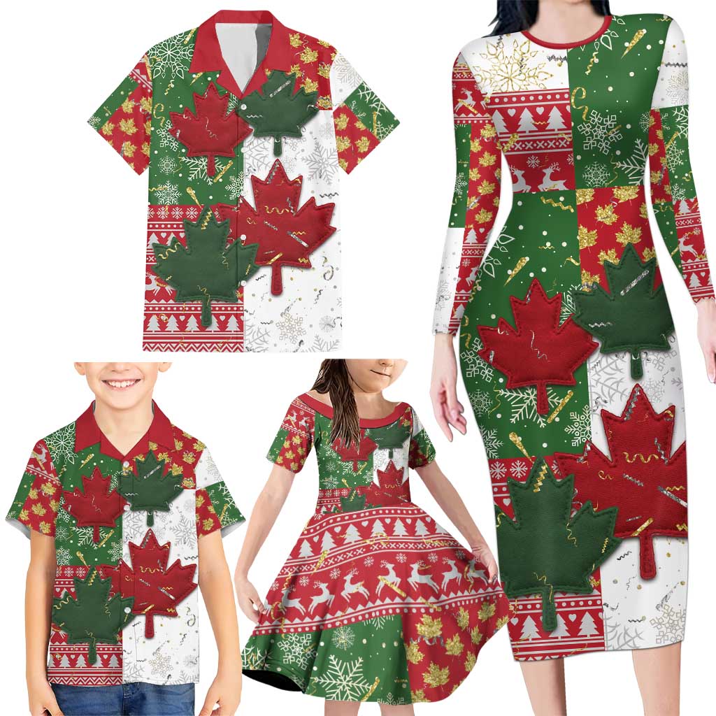 Canada Christmas Family Matching Long Sleeve Bodycon Dress and Hawaiian Shirt Maple Leaves Patchwork Style - Wonder Print Shop