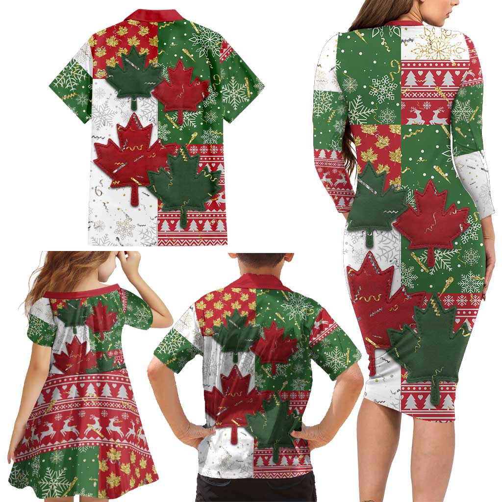 Canada Christmas Family Matching Long Sleeve Bodycon Dress and Hawaiian Shirt Maple Leaves Patchwork Style - Wonder Print Shop